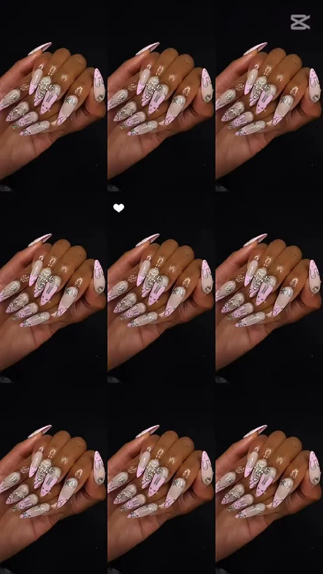 Pink and silver bling long nails — montage grid