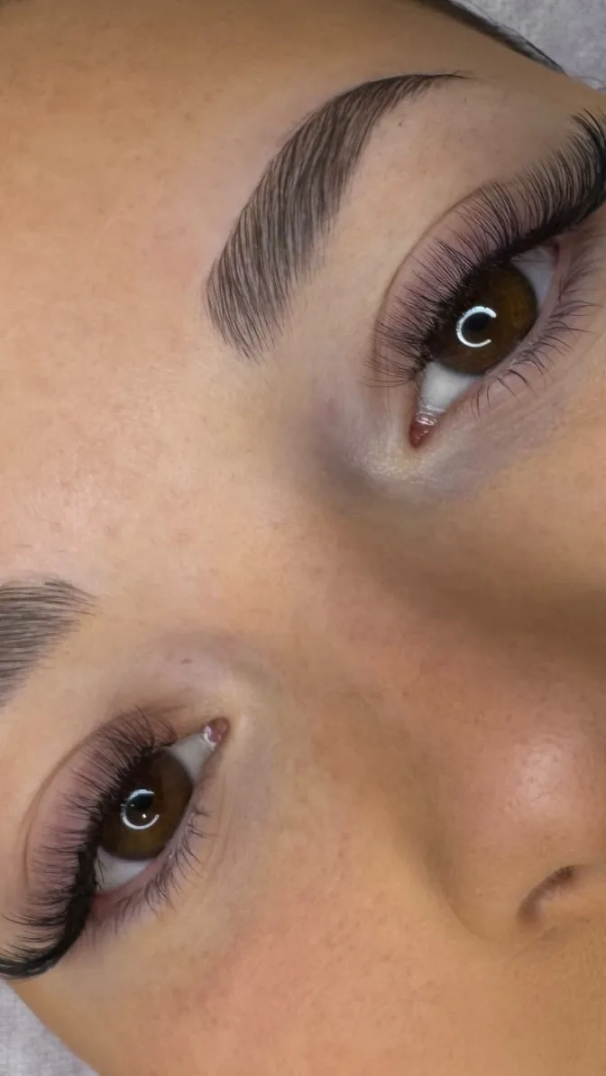 Full volume lash extensions and shaped brows — macro studio shot