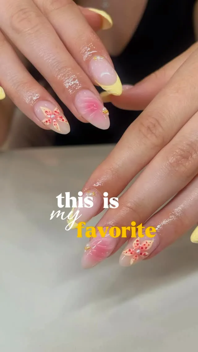 Yellow French and pink flower nail art