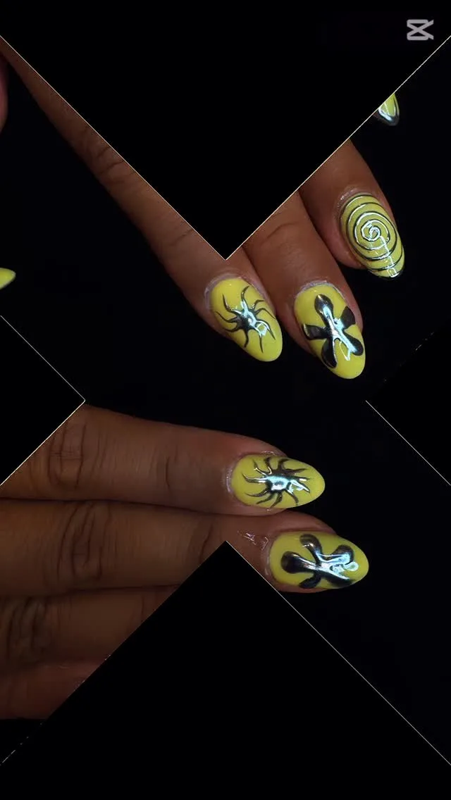 Neon yellow spider and bow Halloween nails on black